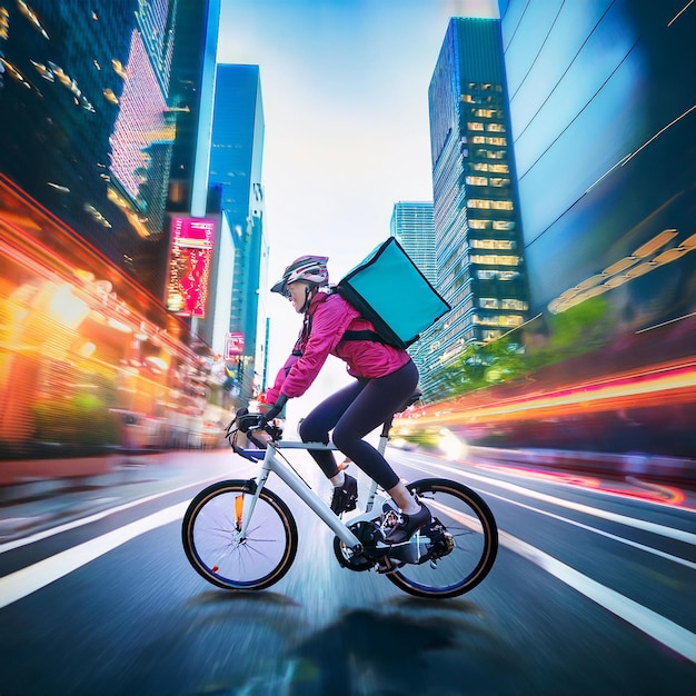 Photo a woman riding a bike with a box on her back