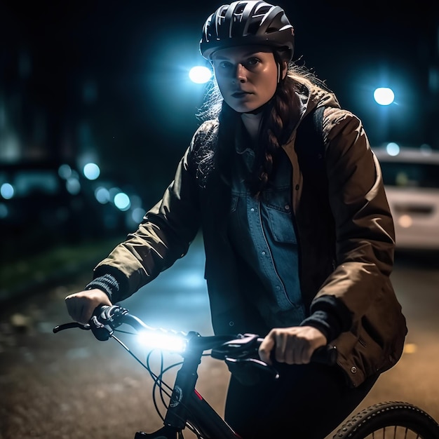 A woman riding a bike with a light on the front.