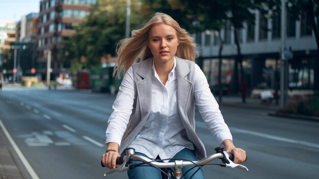 a woman riding a bike with a shirt that says  she is riding