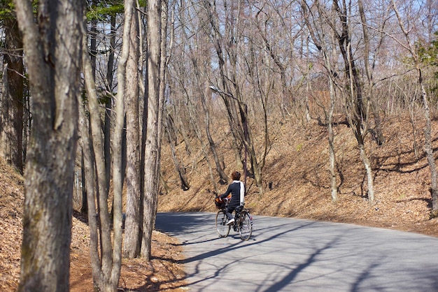 Woman riding bikes during springtime