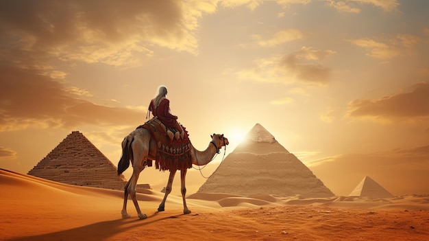 Woman riding a camel in the desert There is a pyramid in the background