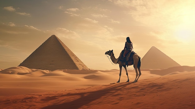 Woman riding a camel in the desert There is a pyramid in the background