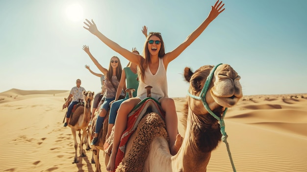 a woman riding a camel with her arms raised in the air