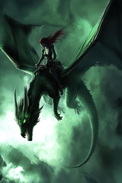 Photo a woman riding a dragon in the dark