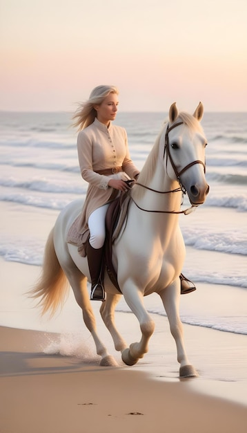 Photo a woman riding a horse on the beach with the ocean in the background