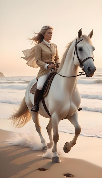 Photo a woman riding a horse on the beach with the ocean in the background