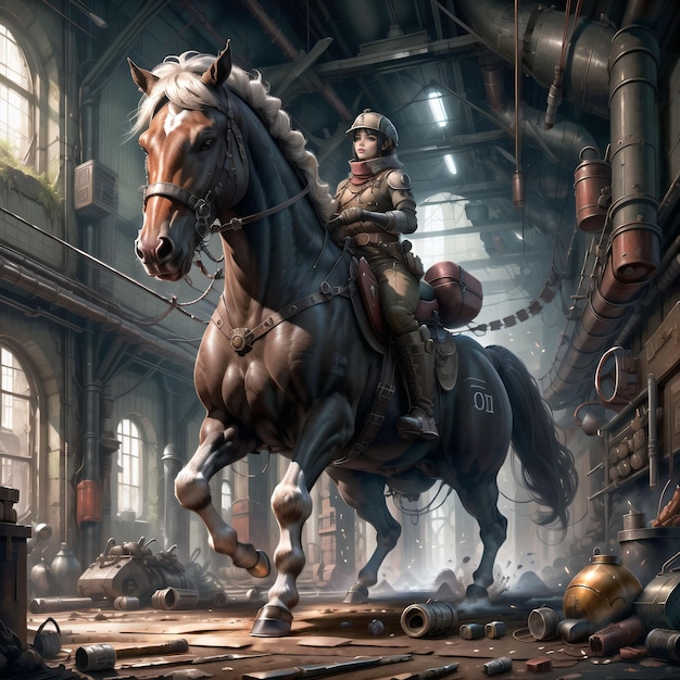 A woman riding a horse in a factory