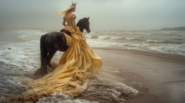 Photo a woman riding a horse in the ocean with waves coming in