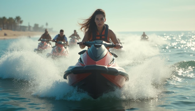 Photo woman riding jet ski with friends on ocean