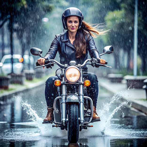 a woman riding a motorcycle with a helmet on