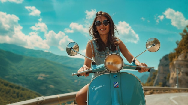 Photo a woman riding a scooter with the word vespa on the front