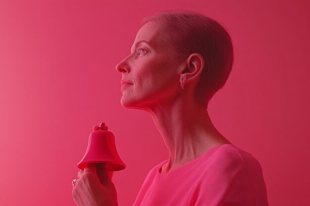 Photo woman ringing a bell after completing breast cance