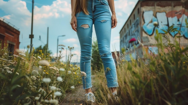 Photo woman in ripped jeans walking through a field of wildflowers