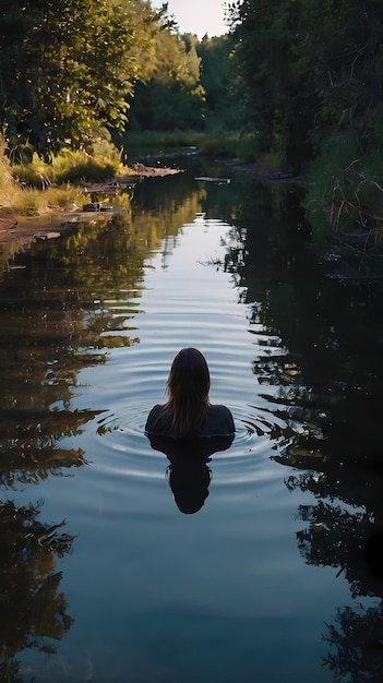 A woman in a river with her reflection in the water