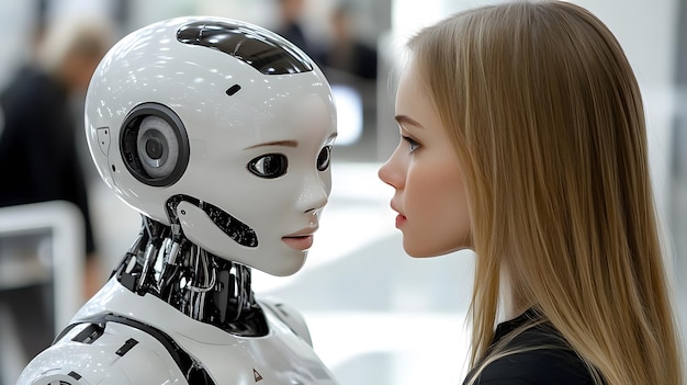 Photo a woman and a robot are talking to a man