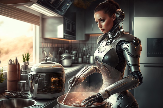 Woman robot cooks in kitchen humanoid AI android stands at stove generative AI