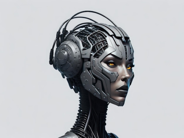 Woman Robot head on empty white background ai generative