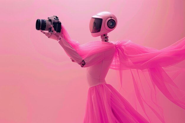 Photo woman robot in pink dress with camera and laptop photostocker and freelancer working