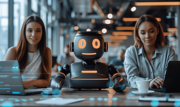 a woman and a robot sit at a table with one of them looking at the camera