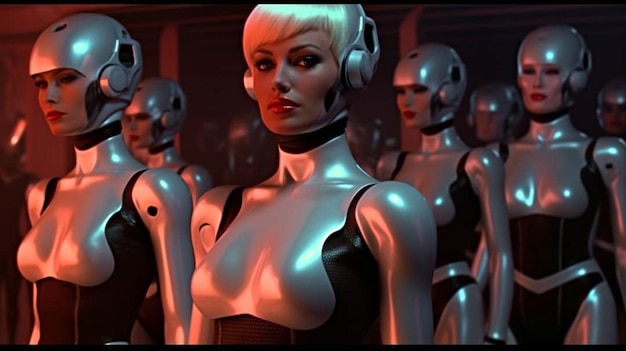 A woman in a robot suit stands in front of a group of robots.