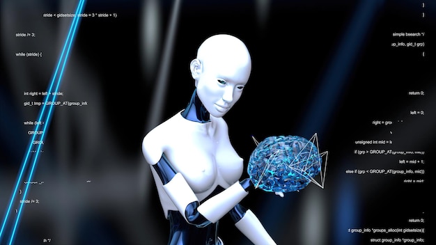 Woman robot walking with an artificial brain