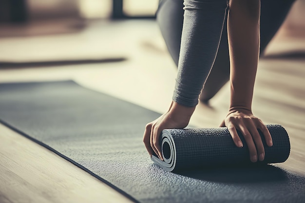 Photo woman roll out yoga mat for preparation