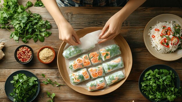 Photo woman rolling delicious spring rolls with fresh rice paper