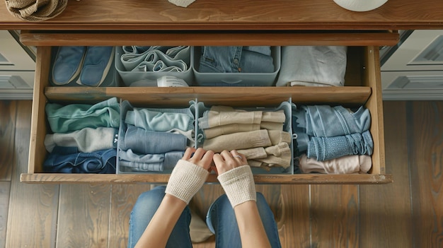 Photo woman rolling socks near organizers with underwear