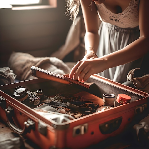 Woman in a room preparing a suitcase for a trip Travel photo Generative ai