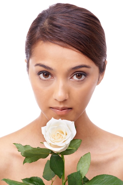 Woman rose and clean beauty with portrait vegan and model for skincare cosmetics on white background Makeup wellness treatment or natural with shine flower or organic for glow with healthy skin