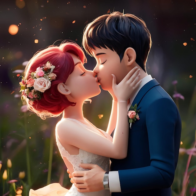 woman rose hairkiss a man mariage anime style