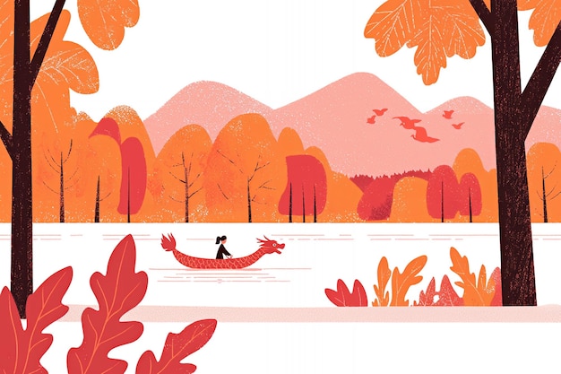 Photo woman rowing a boat in a lake with autumn foliage