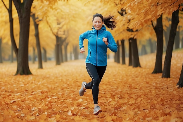 Woman Runner Training in Autumn Leaves AI Generative Art