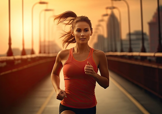 A woman running across a bridge at sunset