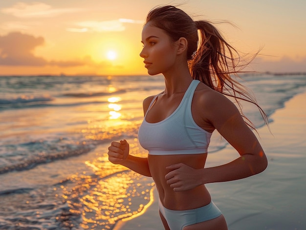 Woman Running on Beach at Sunset