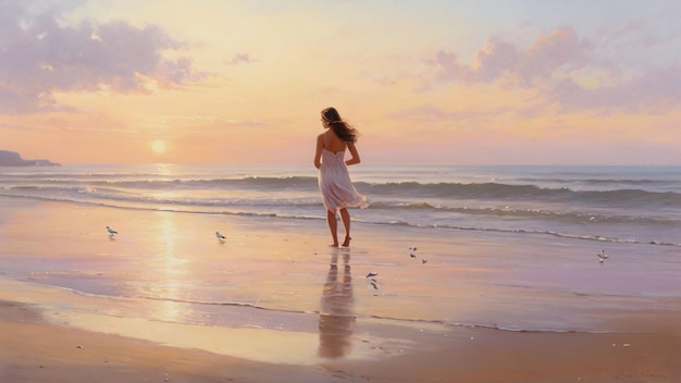 Woman running on beach toward the sunset