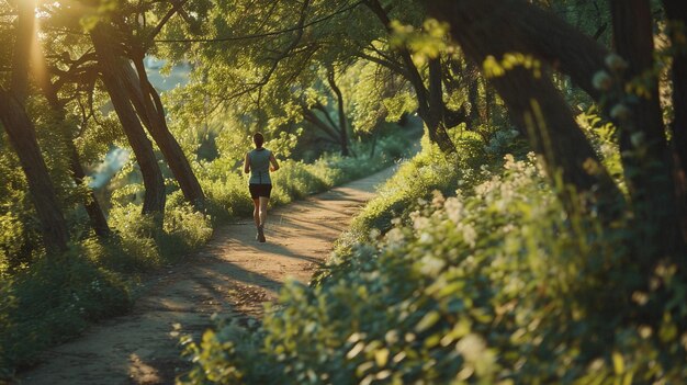 a woman running down a path with a forest in the background