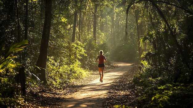 a woman running down a path in the woods