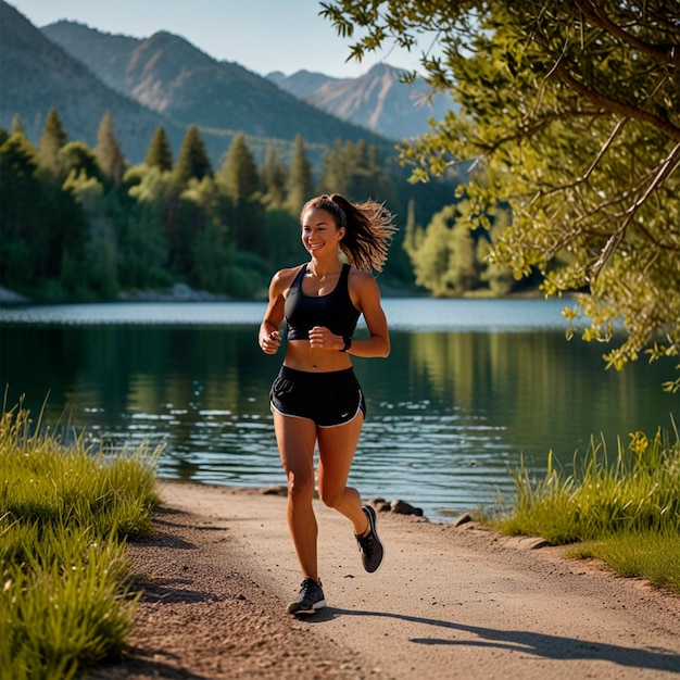 Photo a woman running down a trail with a lake in the background