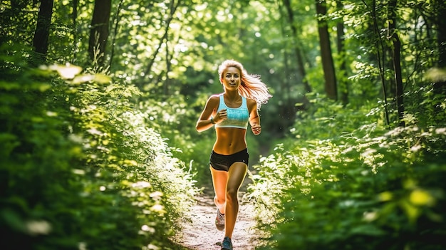 A woman running in a forest with the word run on her top.