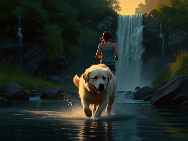 a woman running in front of a waterfall with a dog running in front of it