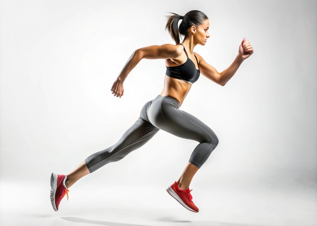 a woman running in a grey and black athletic outfit