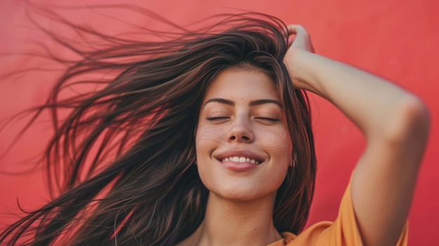 Photo a woman running her fingers through her silky straight hair looking relaxed and happy