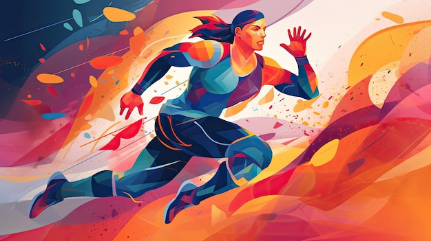 Woman running painting background with energetic swirls and sportthemed illustrations