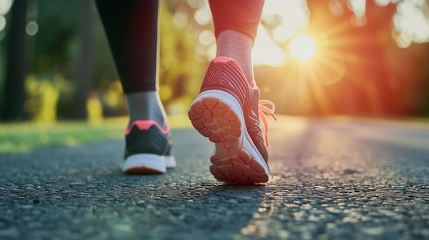 a woman running on a road with the sun shining behind her