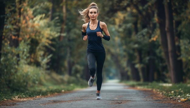 Photo a woman running on a road with trees in the background