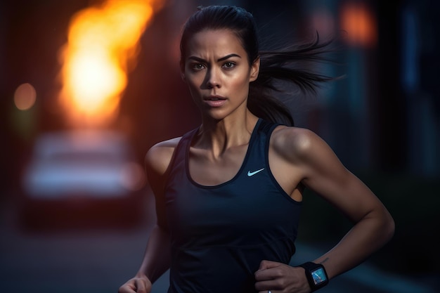 A woman running in the street with a watch on her wrist