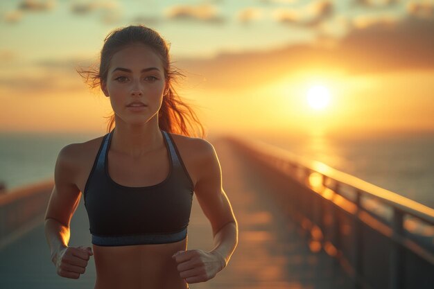 Photo woman running at sunset