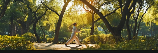 Photo woman running through sunlit forest park photo sunlight grass trees nature green park forest summer woman running