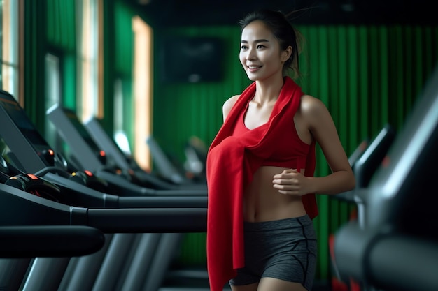 A woman running on a treadmill in a gym